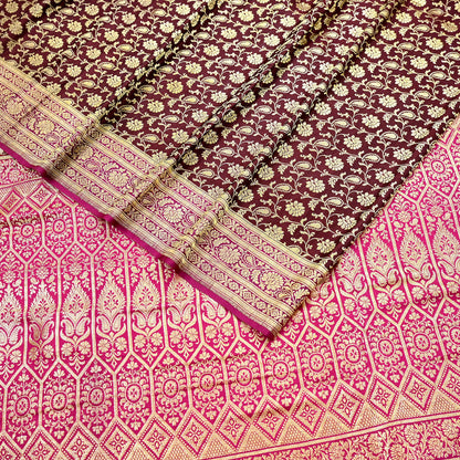 Indian Vintage Sari Pink & Maroon Heavy Wedding Pure Satin Silk Banarasi Brocade Saree Zari 5Yd Craft Fabric Ethnic Dress making Crafting