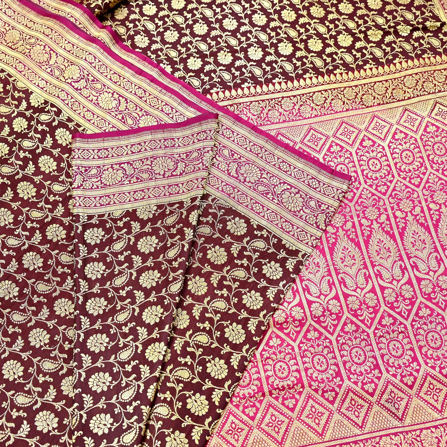 Indian Vintage Sari Pink & Maroon Heavy Wedding Pure Satin Silk Banarasi Brocade Saree Zari 5Yd Craft Fabric Ethnic Dress making Crafting