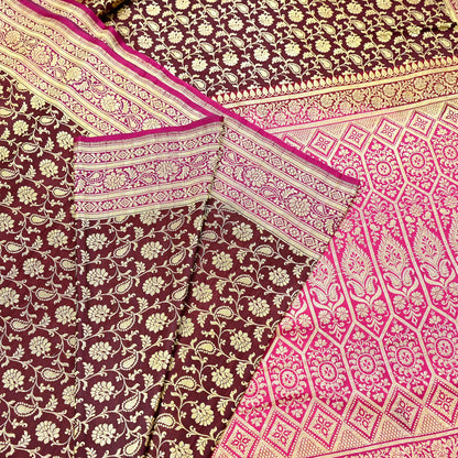 Indian Vintage Sari Pink & Maroon Heavy Wedding Pure Satin Silk Banarasi Brocade Saree Zari 5Yd Craft Fabric Ethnic Dress making Crafting