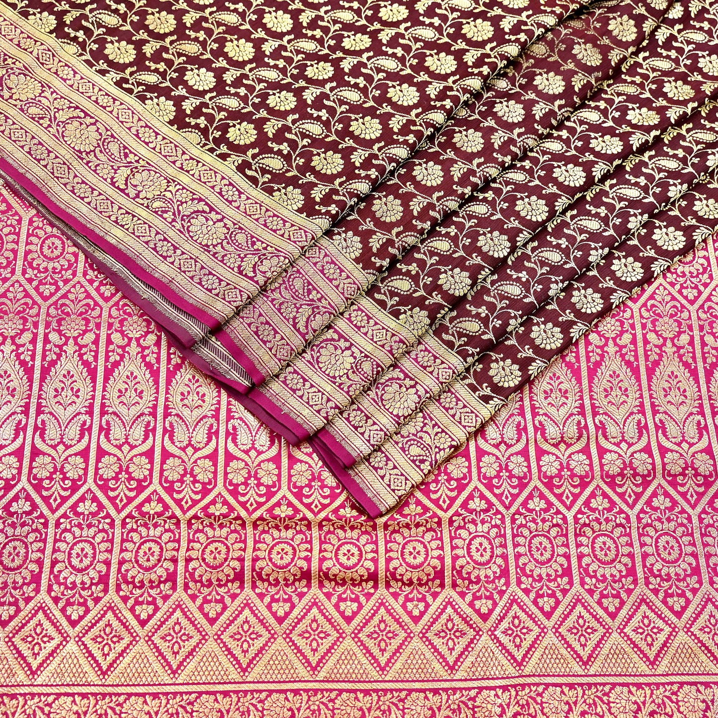 Indian Vintage Sari Pink & Maroon Heavy Wedding Pure Satin Silk Banarasi Brocade Saree Zari 5Yd Craft Fabric Ethnic Dress making Crafting