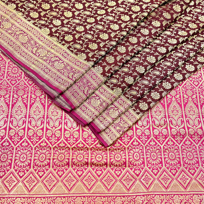 Indian Vintage Sari Pink & Maroon Heavy Wedding Pure Satin Silk Banarasi Brocade Saree Zari 5Yd Craft Fabric Ethnic Dress making Crafting