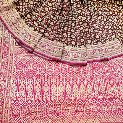 Indian Vintage Sari Pink & Maroon Heavy Wedding Pure Satin Silk Banarasi Brocade Saree Zari 5Yd Craft Fabric Ethnic Dress making Crafting