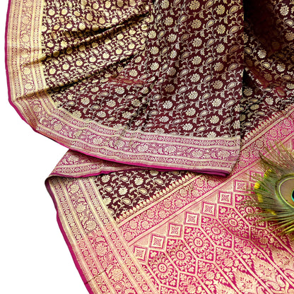 Indian Vintage Sari Pink & Maroon Heavy Wedding Pure Satin Silk Banarasi Brocade Saree Zari 5Yd Craft Fabric Ethnic Dress making Crafting
