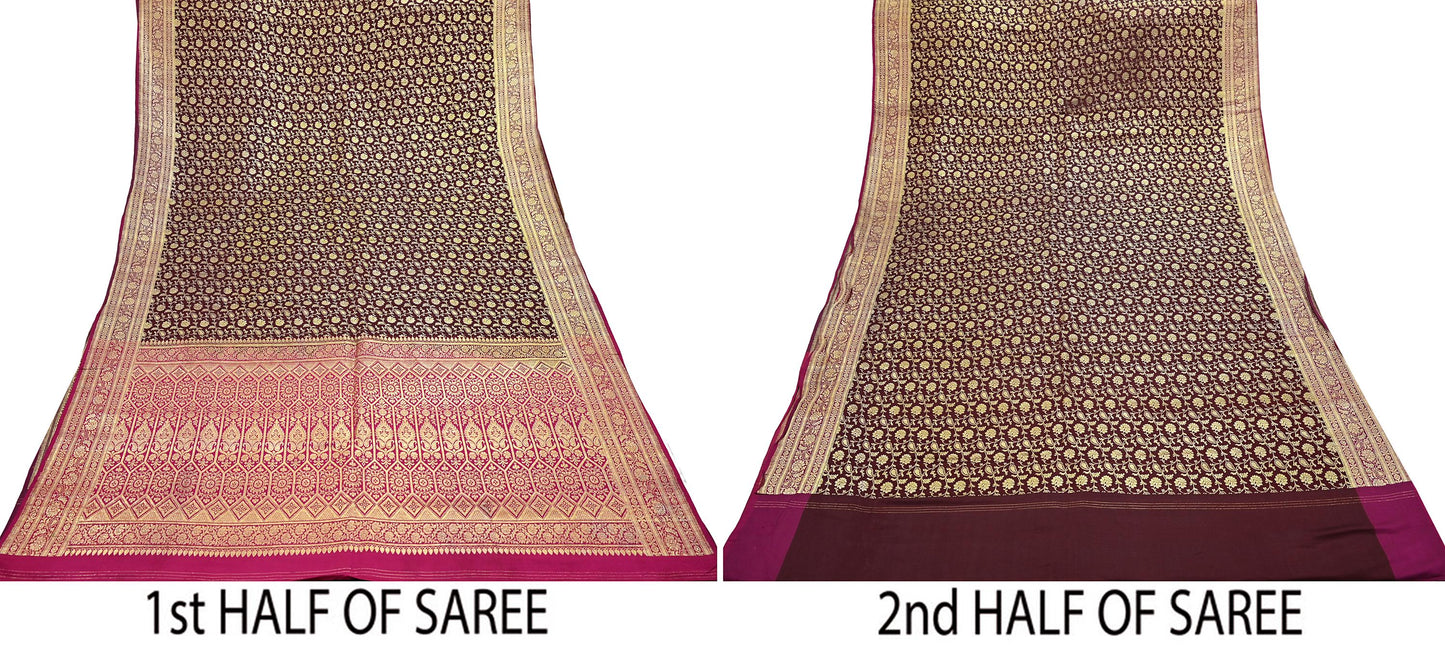 Indian Vintage Sari Pink & Maroon Heavy Wedding Pure Satin Silk Banarasi Brocade Saree Zari 5Yd Craft Fabric Ethnic Dress making Crafting