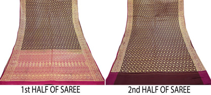 Indian Vintage Sari Pink & Maroon Heavy Wedding Pure Satin Silk Banarasi Brocade Saree Zari 5Yd Craft Fabric Ethnic Dress making Crafting