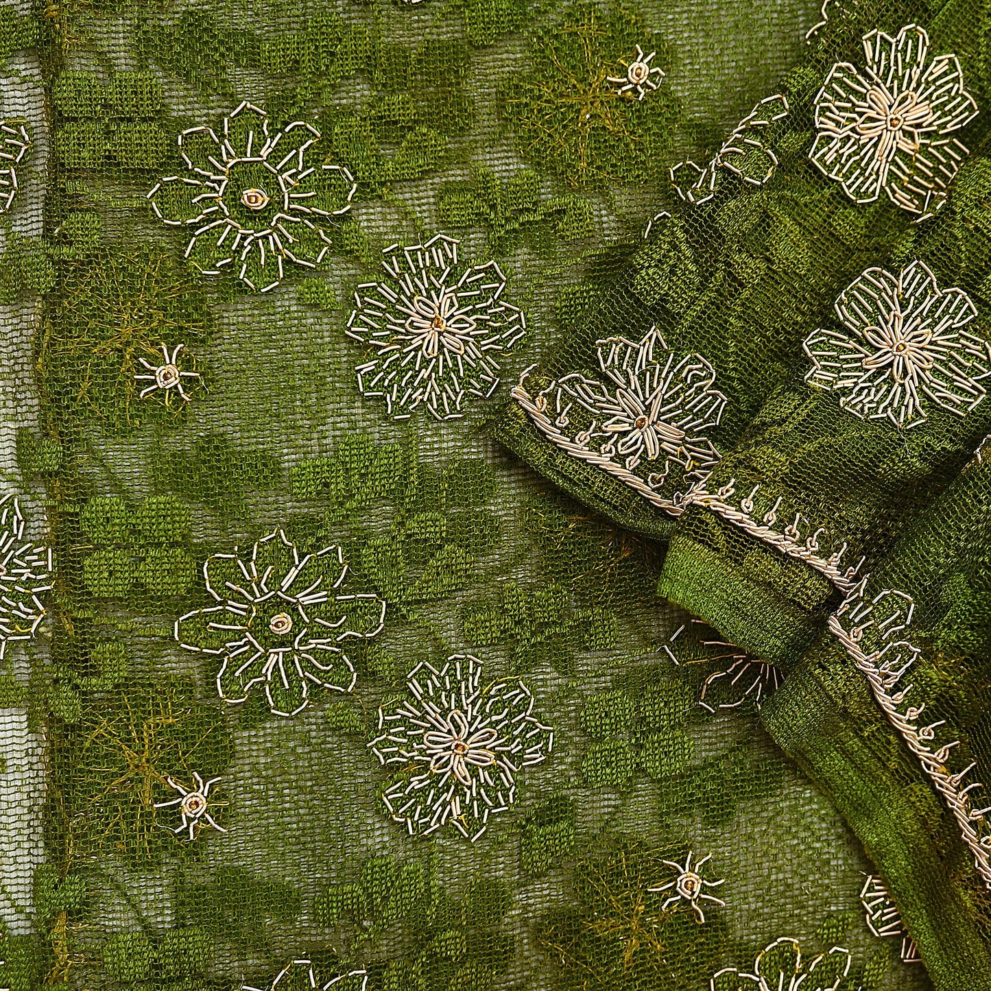 Indian Vintage Heavy Dupatta Green Net Mesh Long Stole Hand Embroidered Scarves Zardozi/Dabka Zari Sequins Wedding Hijab Veil