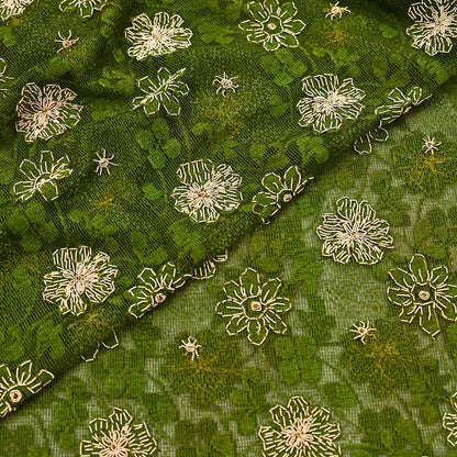 Indian Vintage Heavy Dupatta Green Net Mesh Long Stole Hand Embroidered Scarves Zardozi/Dabka Zari Sequins Wedding Hijab Veil