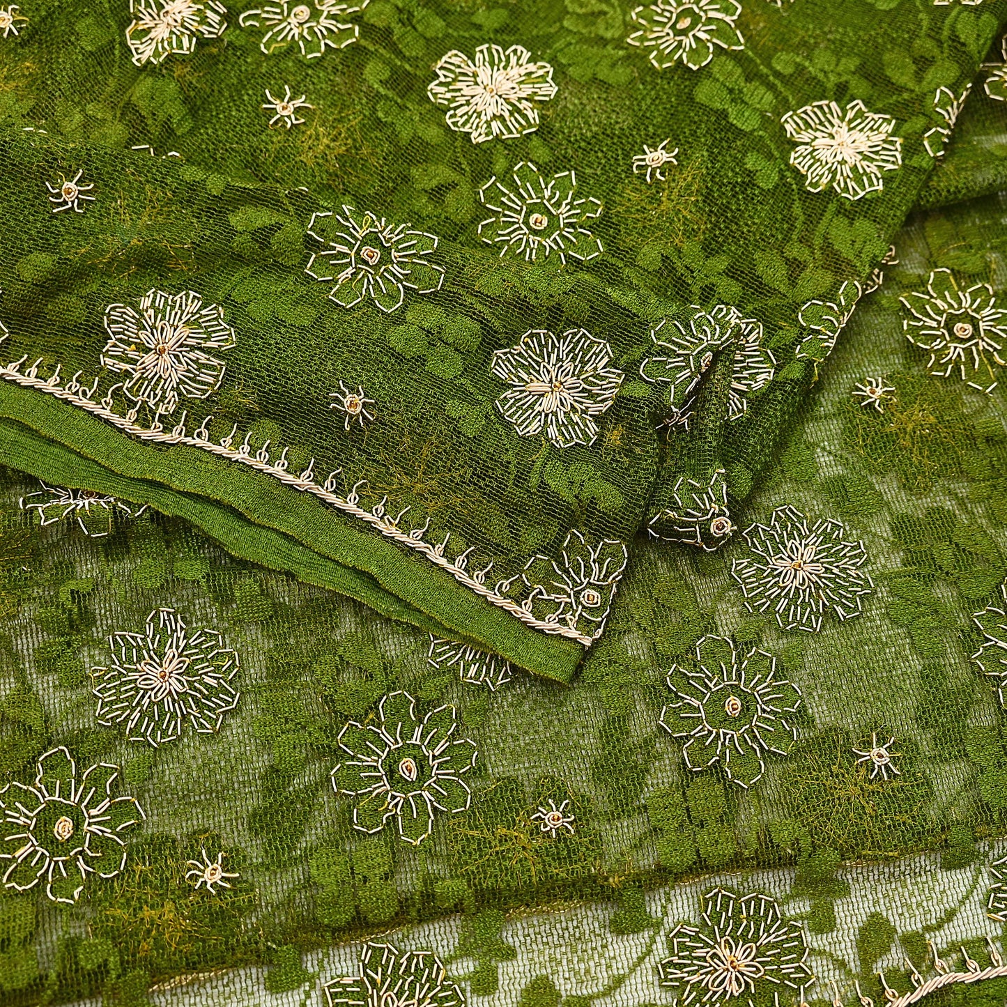 Indian Vintage Heavy Dupatta Green Net Mesh Long Stole Hand Embroidered Scarves Zardozi/Dabka Zari Sequins Wedding Hijab Veil