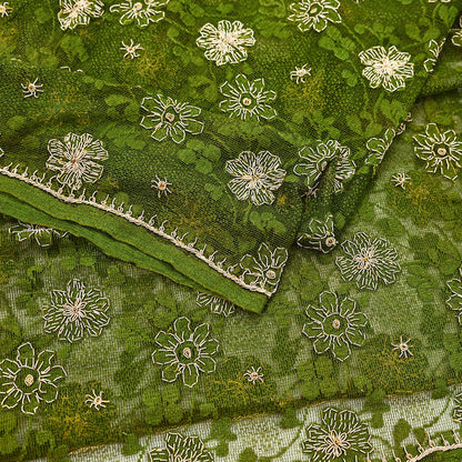 Indian Vintage Heavy Dupatta Green Net Mesh Long Stole Hand Embroidered Scarves Zardozi/Dabka Zari Sequins Wedding Hijab Veil