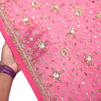 Indian Vintage Heavy Pink Bridal Dupatta Pure Georgette Silk Hand Embroidered Zardozi, Dabka, Zari Work Party Wear Long Stole