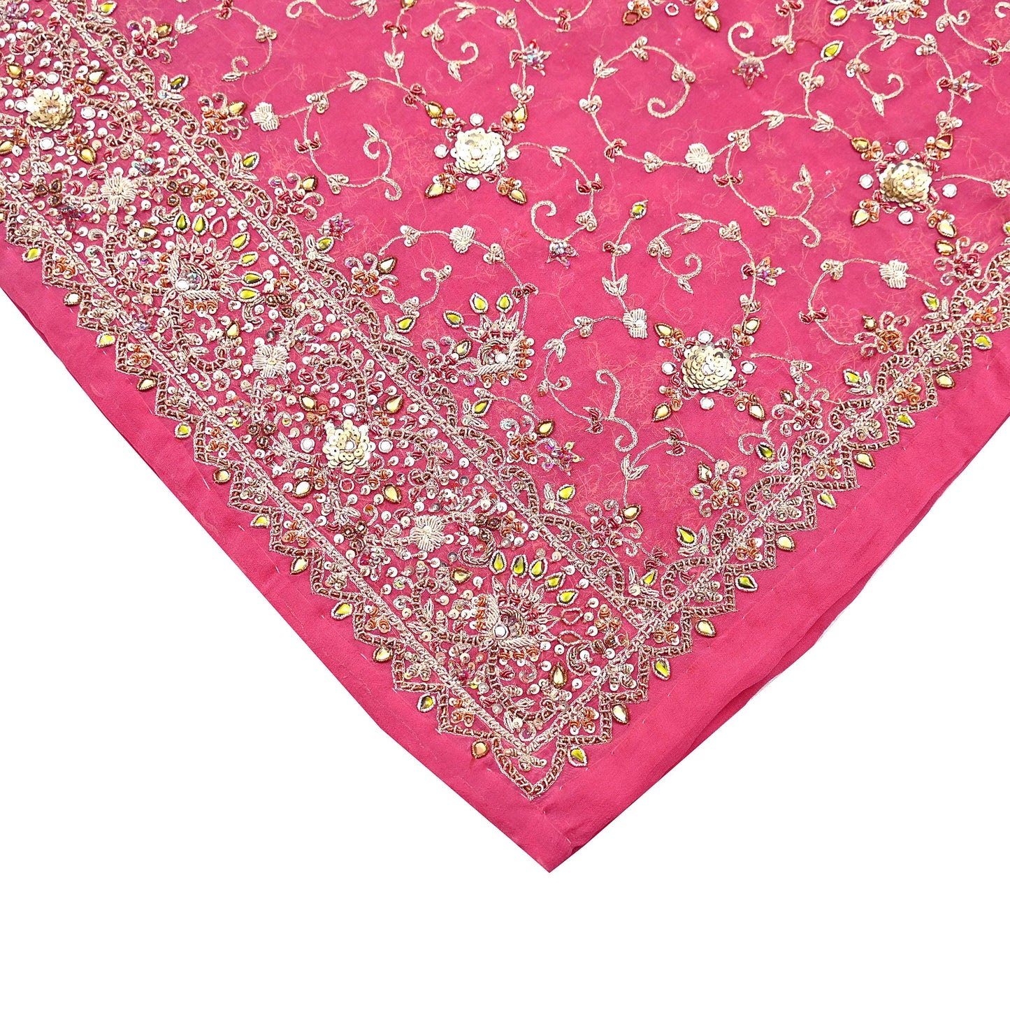 Indian Vintage Heavy Pink Bridal Dupatta Pure Georgette Silk Hand Embroidered Zardozi, Dabka, Zari Work Party Wear Long Stole