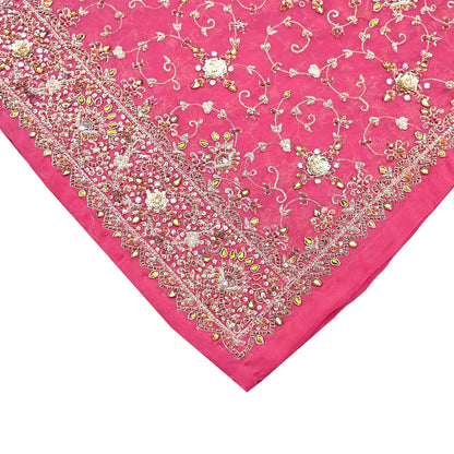 Indian Vintage Heavy Pink Bridal Dupatta Pure Georgette Silk Hand Embroidered Zardozi, Dabka, Zari Work Party Wear Long Stole