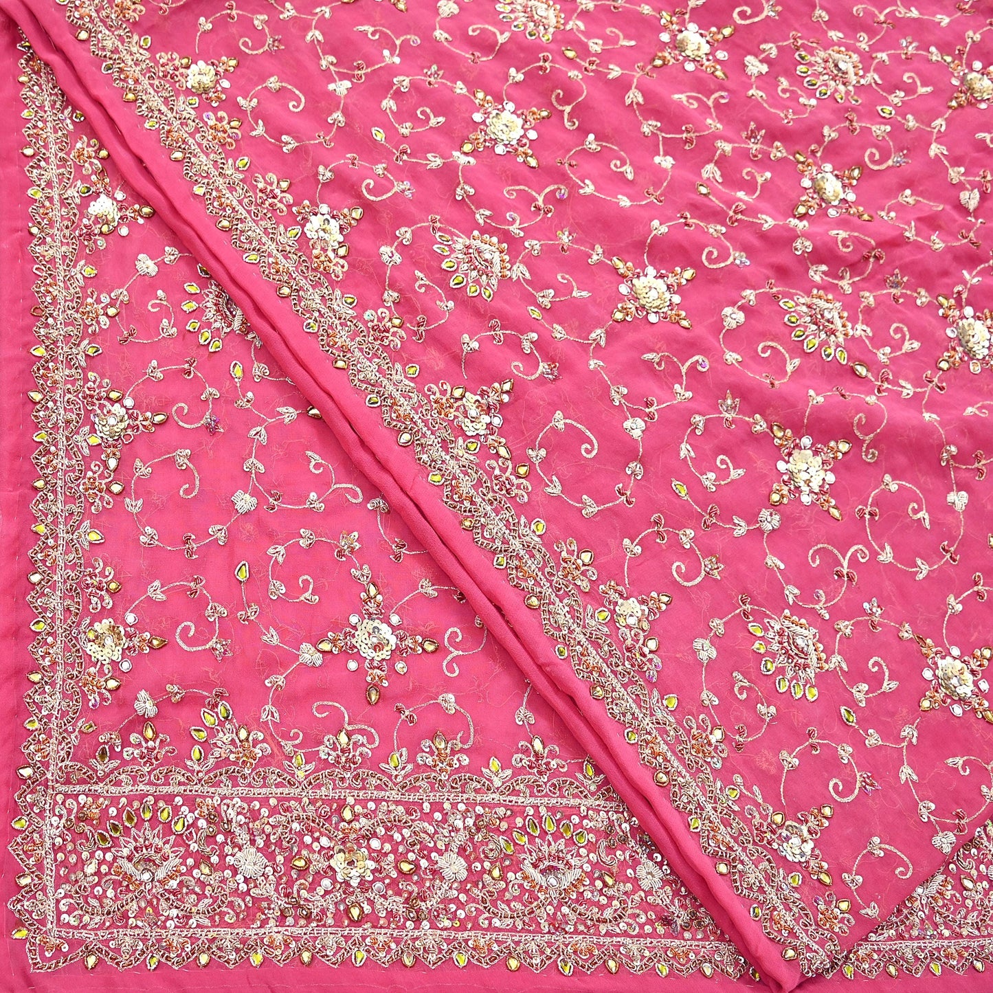 Indian Vintage Heavy Pink Bridal Dupatta Pure Georgette Silk Hand Embroidered Zardozi, Dabka, Zari Work Party Wear Long Stole