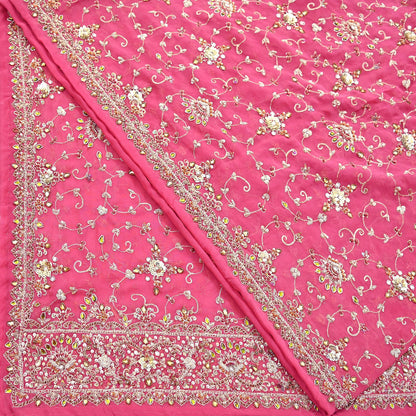 Indian Vintage Heavy Pink Bridal Dupatta Pure Georgette Silk Hand Embroidered Zardozi, Dabka, Zari Work Party Wear Long Stole