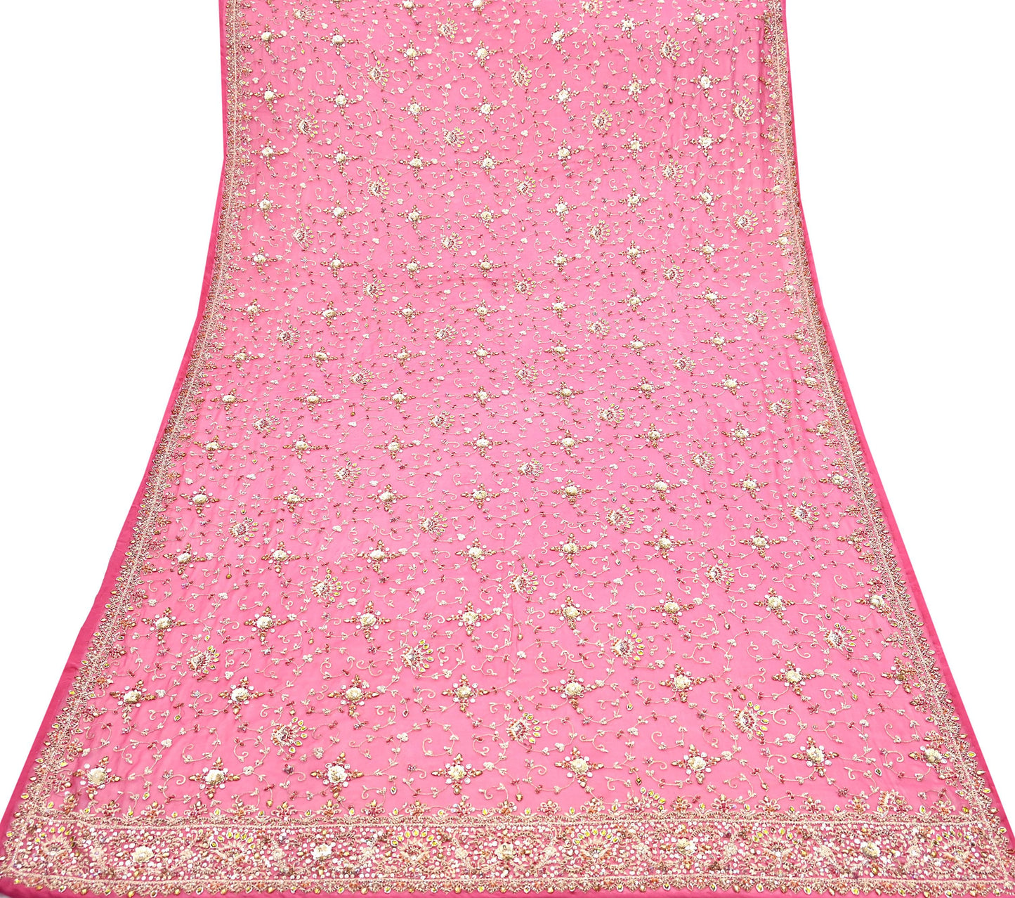 Indian Vintage Heavy Pink Bridal Dupatta Pure Georgette Silk Hand Embroidered Zardozi, Dabka, Zari Work Party Wear Long Stole