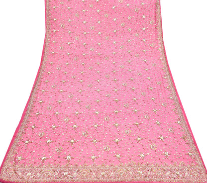 Indian Vintage Heavy Pink Bridal Dupatta Pure Georgette Silk Hand Embroidered Zardozi, Dabka, Zari Work Party Wear Long Stole