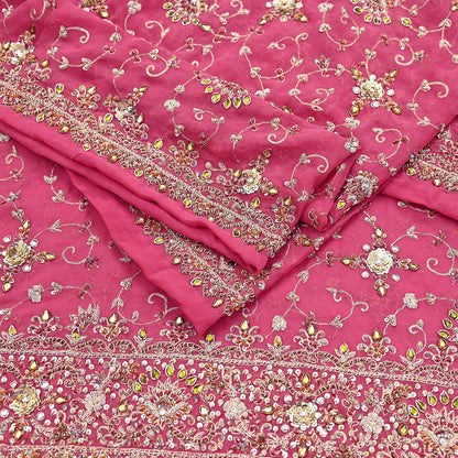 Indian Vintage Heavy Pink Bridal Dupatta Pure Georgette Silk Hand Embroidered Zardozi, Dabka, Zari Work Party Wear Long Stole
