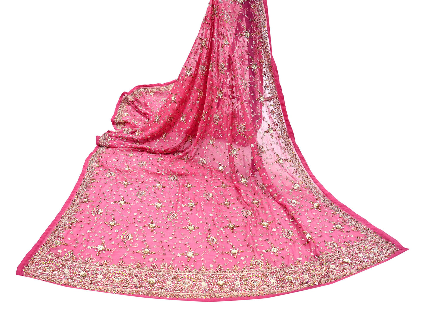 Indian Vintage Heavy Pink Bridal Dupatta Pure Georgette Silk Hand Embroidered Zardozi, Dabka, Zari Work Party Wear Long Stole