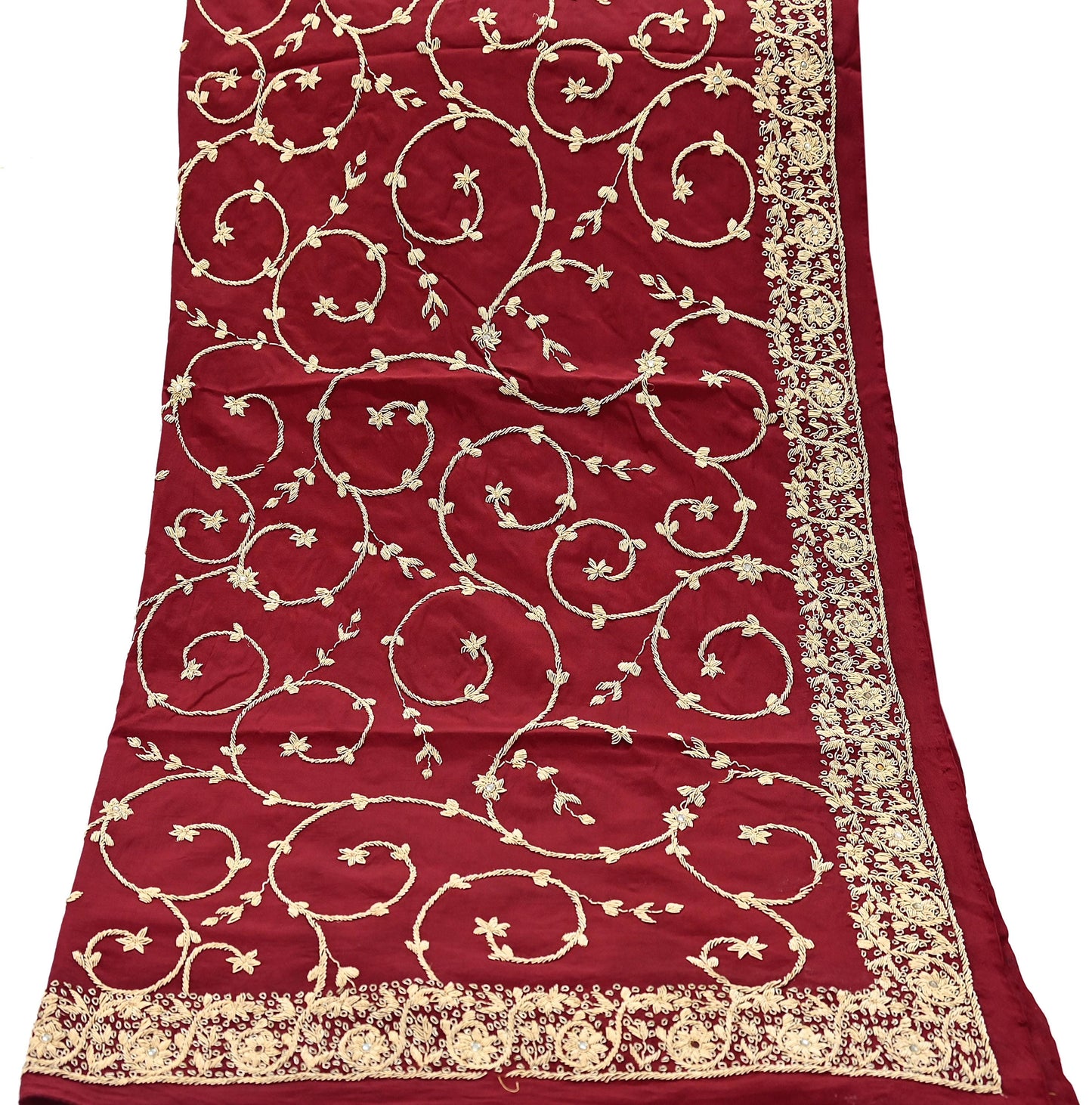 Indian Vintage Heavy Maroon Dupatta Pure Crepe Silk Long Stole Hand Embroidered Scarves Dabka Zardozi Zari Scarves Wedding/ Bridal Veil