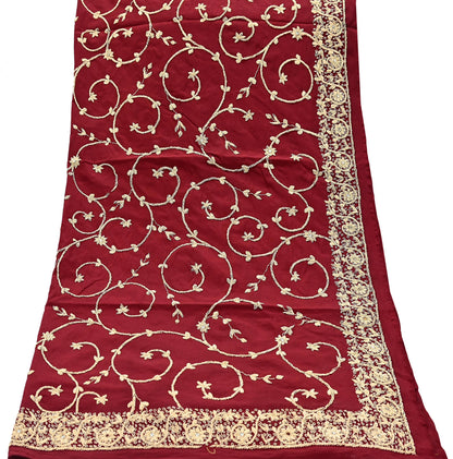 Indian Vintage Heavy Maroon Dupatta Pure Crepe Silk Long Stole Hand Embroidered Scarves Dabka Zardozi Zari Scarves Wedding/ Bridal Veil