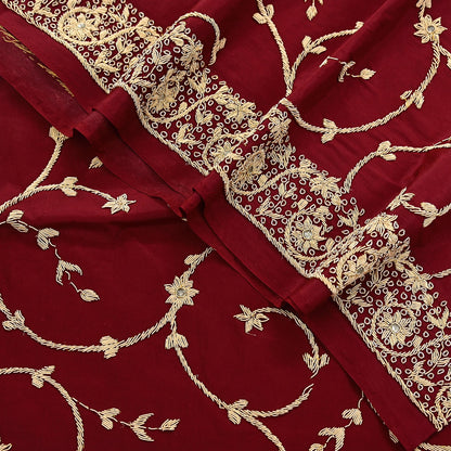 Indian Vintage Heavy Maroon Dupatta Pure Crepe Silk Long Stole Hand Embroidered Scarves Dabka Zardozi Zari Scarves Wedding/ Bridal Veil