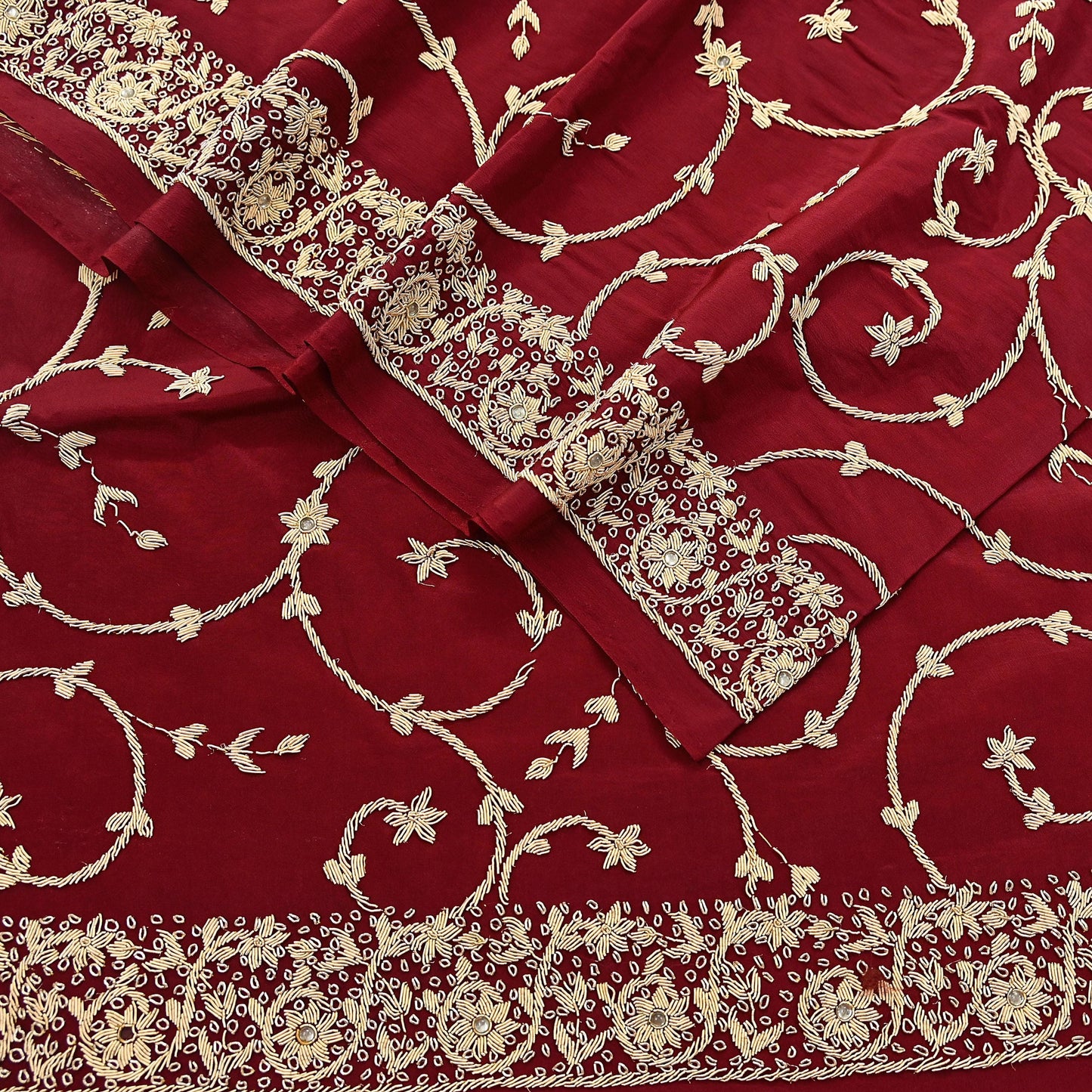 Indian Vintage Heavy Maroon Dupatta Pure Crepe Silk Long Stole Hand Embroidered Scarves Dabka Zardozi Zari Scarves Wedding/ Bridal Veil