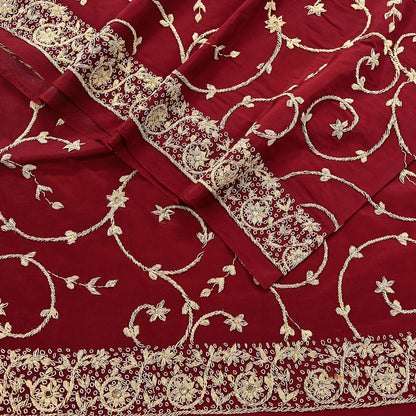 Indian Vintage Heavy Maroon Dupatta Pure Crepe Silk Long Stole Hand Embroidered Scarves Dabka Zardozi Zari Scarves Wedding/ Bridal Veil