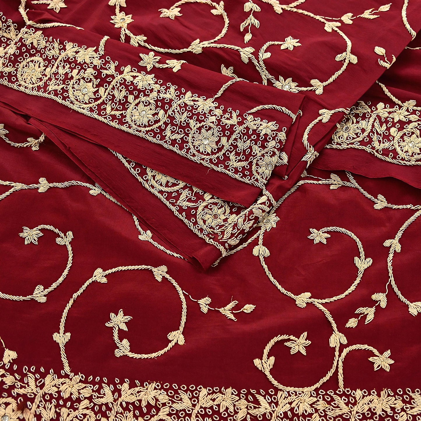 Indian Vintage Heavy Maroon Dupatta Pure Crepe Silk Long Stole Hand Embroidered Scarves Dabka Zardozi Zari Scarves Wedding/ Bridal Veil