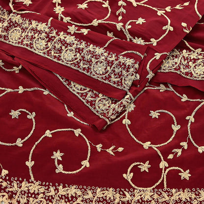 Indian Vintage Heavy Maroon Dupatta Pure Crepe Silk Long Stole Hand Embroidered Scarves Dabka Zardozi Zari Scarves Wedding/ Bridal Veil