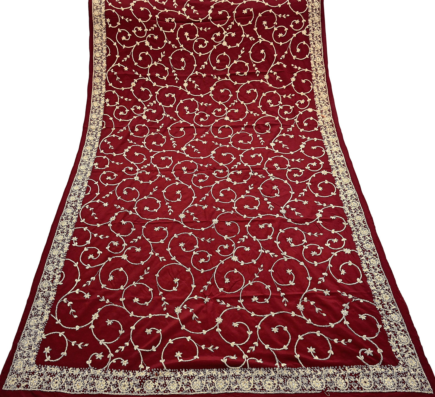 Indian Vintage Heavy Maroon Dupatta Pure Crepe Silk Long Stole Hand Embroidered Scarves Dabka Zardozi Zari Scarves Wedding/ Bridal Veil