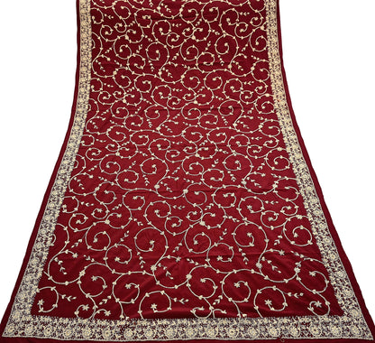 Indian Vintage Heavy Maroon Dupatta Pure Crepe Silk Long Stole Hand Embroidered Scarves Dabka Zardozi Zari Scarves Wedding/ Bridal Veil