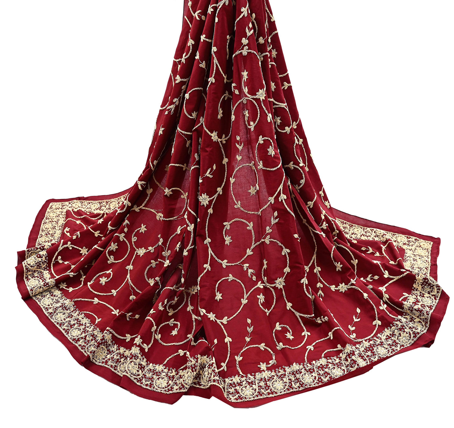 Indian Vintage Heavy Maroon Dupatta Pure Crepe Silk Long Stole Hand Embroidered Scarves Dabka Zardozi Zari Scarves Wedding/ Bridal Veil