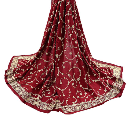 Indian Vintage Heavy Maroon Dupatta Pure Crepe Silk Long Stole Hand Embroidered Scarves Dabka Zardozi Zari Scarves Wedding/ Bridal Veil