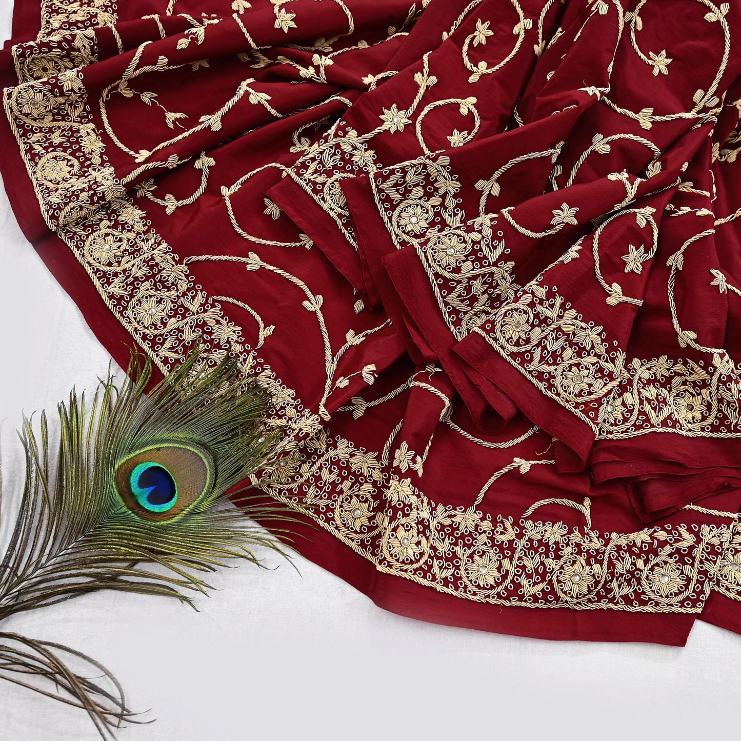 Indian Vintage Heavy Maroon Dupatta Pure Crepe Silk Long Stole Hand Embroidered Scarves Dabka Zardozi Zari Scarves Wedding/ Bridal Veil