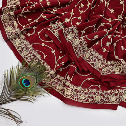 Indian Vintage Heavy Maroon Dupatta Pure Crepe Silk Long Stole Hand Embroidered Scarves Dabka Zardozi Zari Scarves Wedding/ Bridal Veil