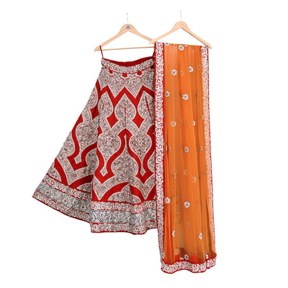Designer Sabyasachi Red Orange Raw Silk Hand Embroidered Bridal Lehenga 2Pc Set Zardozi Dabka Heavy Wedding Outfit Designer Couture