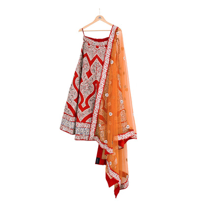 Designer Sabyasachi Red Orange Raw Silk Hand Embroidered Bridal Lehenga 2Pc Set Zardozi Dabka Heavy Wedding Outfit Designer Couture