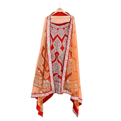 Designer Sabyasachi Red Orange Raw Silk Hand Embroidered Bridal Lehenga 2Pc Set Zardozi Dabka Heavy Wedding Outfit Designer Couture