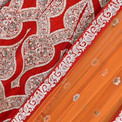 Designer Sabyasachi Red Orange Raw Silk Hand Embroidered Bridal Lehenga 2Pc Set Zardozi Dabka Heavy Wedding Outfit Designer Couture
