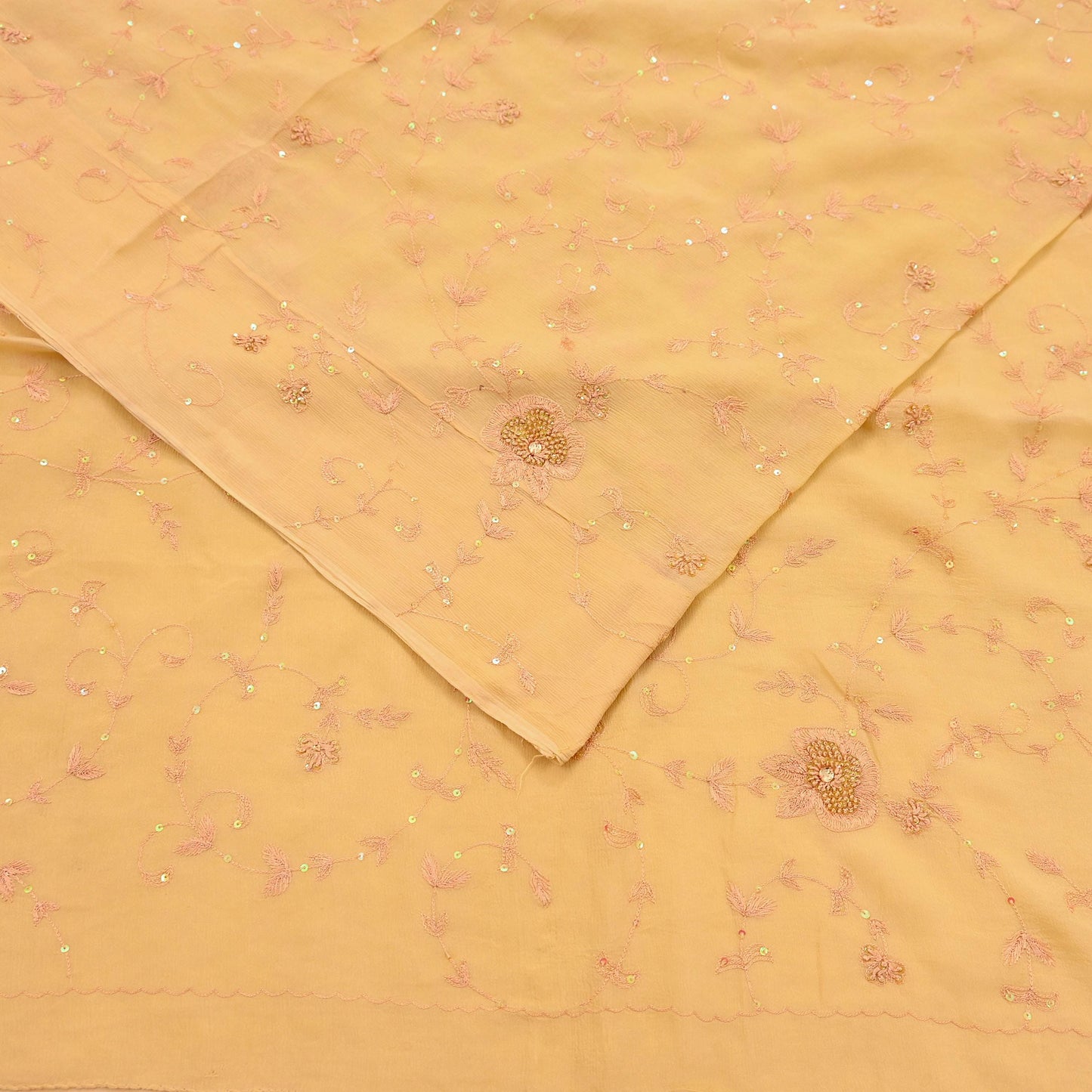 Indian Vintage Yellow Sarees Pure Chiffon Silk Hand Embroidered Sari Fabric 5Yard Dress Making Sewing