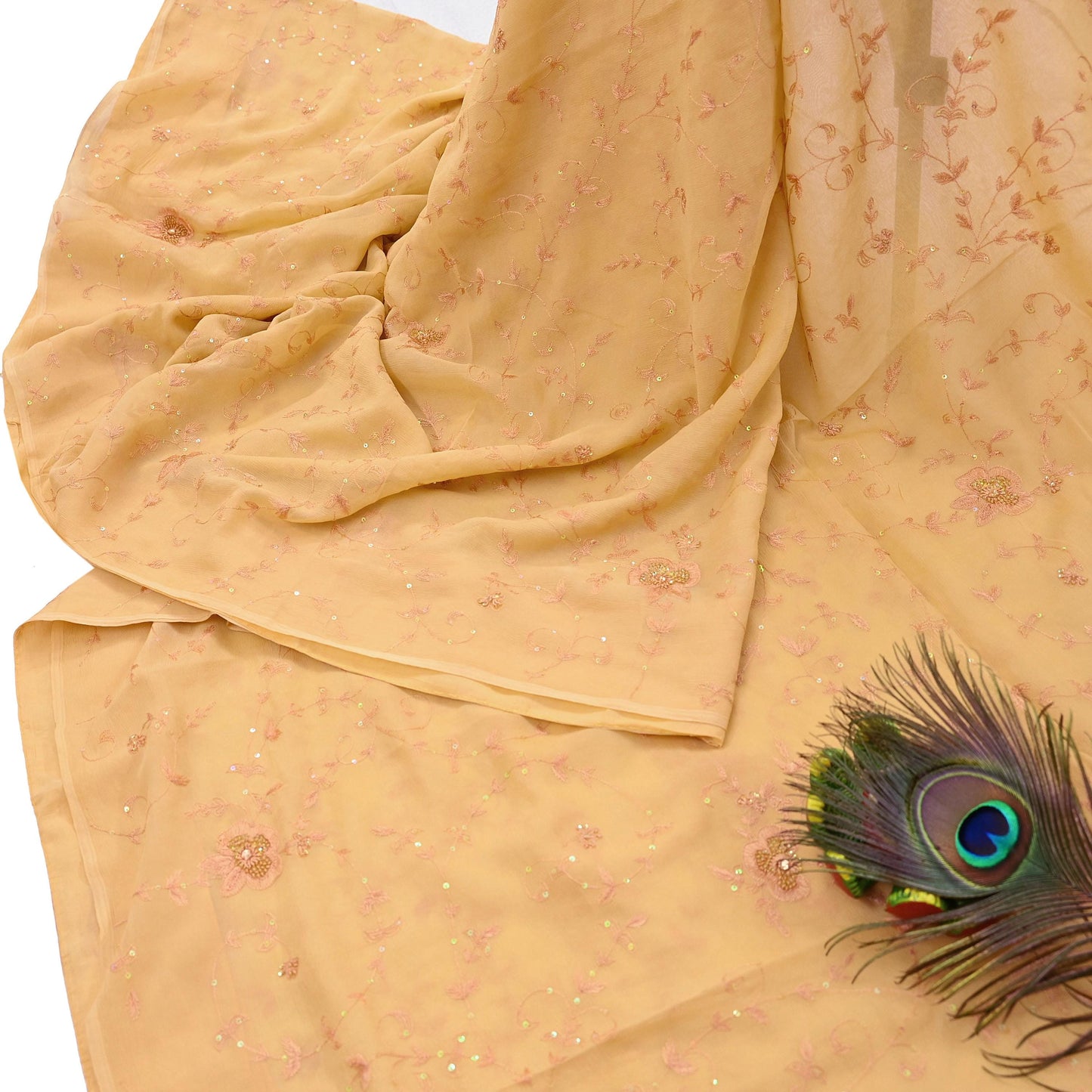 Indian Vintage Yellow Sarees Pure Chiffon Silk Hand Embroidered Sari Fabric 5Yard Dress Making Sewing