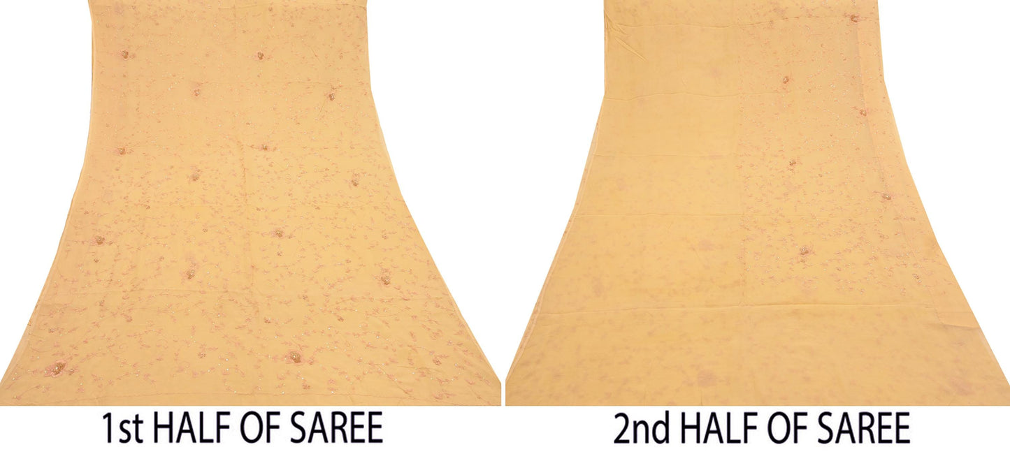 Indian Vintage Yellow Sarees Pure Chiffon Silk Hand Embroidered Sari Fabric 5Yard Dress Making Sewing