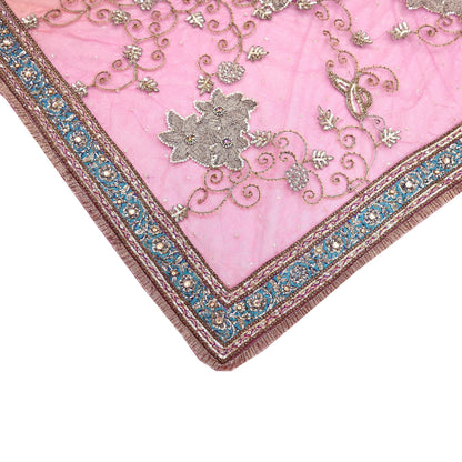 Indian Vintage Heavy Saree Pink & Orange Net/Mesh Hand Embroidered Sari Fabric 5Yd Sewing Soft Zardozi/Dabka Zari Sequins Wedding net sarees