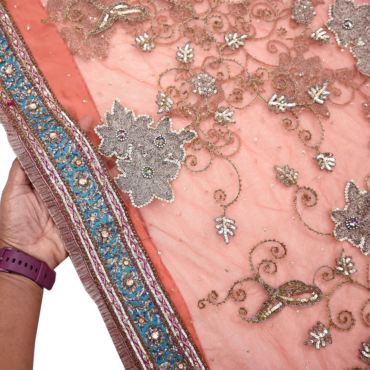 Indian Vintage Heavy Saree Pink & Orange Net/Mesh Hand Embroidered Sari Fabric 5Yd Sewing Soft Zardozi/Dabka Zari Sequins Wedding net sarees