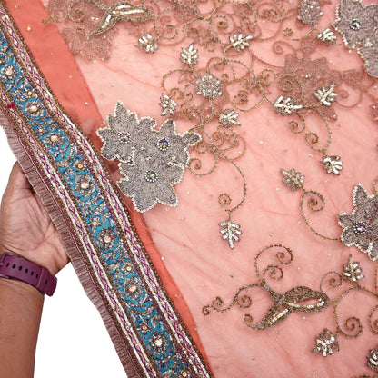 Indian Vintage Heavy Saree Pink & Orange Net/Mesh Hand Embroidered Sari Fabric 5Yd Sewing Soft Zardozi/Dabka Zari Sequins Wedding net sarees