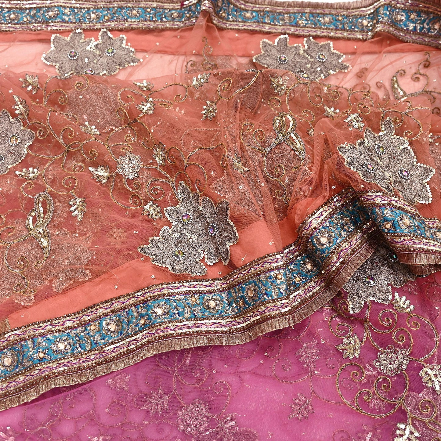 Indian Vintage Heavy Saree Pink & Orange Net/Mesh Hand Embroidered Sari Fabric 5Yd Sewing Soft Zardozi/Dabka Zari Sequins Wedding net sarees