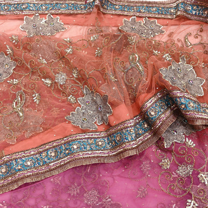 Indian Vintage Heavy Saree Pink & Orange Net/Mesh Hand Embroidered Sari Fabric 5Yd Sewing Soft Zardozi/Dabka Zari Sequins Wedding net sarees