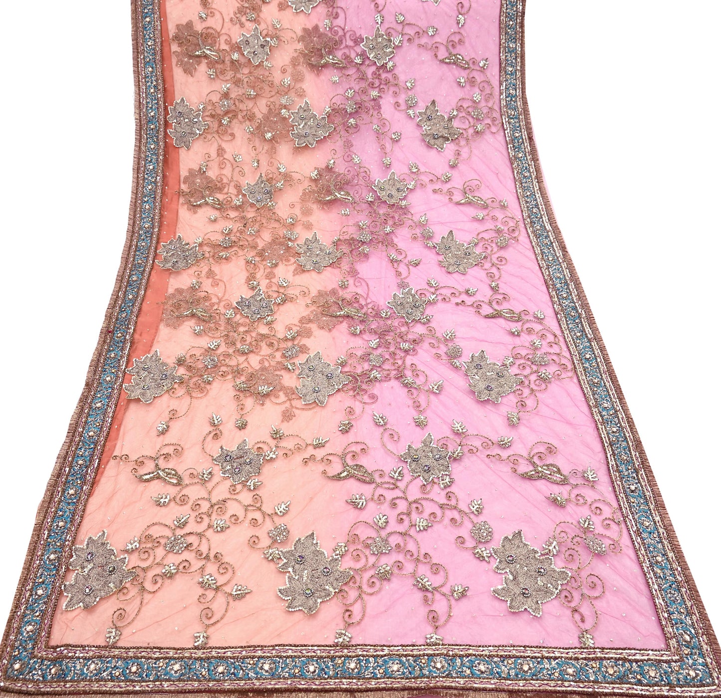 Indian Vintage Heavy Saree Pink & Orange Net/Mesh Hand Embroidered Sari Fabric 5Yd Sewing Soft Zardozi/Dabka Zari Sequins Wedding net sarees