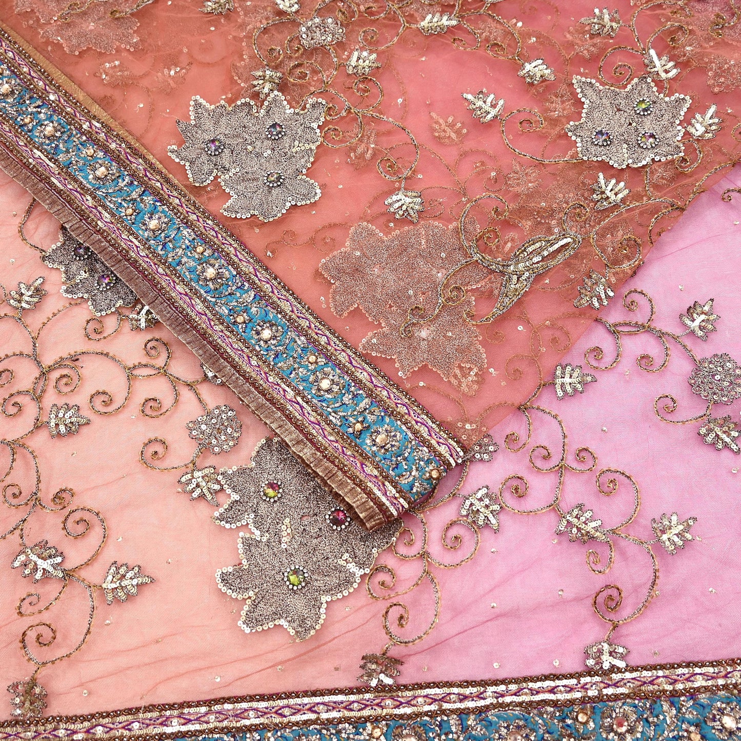 Indian Vintage Heavy Saree Pink & Orange Net/Mesh Hand Embroidered Sari Fabric 5Yd Sewing Soft Zardozi/Dabka Zari Sequins Wedding net sarees