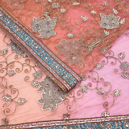 Indian Vintage Heavy Saree Pink & Orange Net/Mesh Hand Embroidered Sari Fabric 5Yd Sewing Soft Zardozi/Dabka Zari Sequins Wedding net sarees